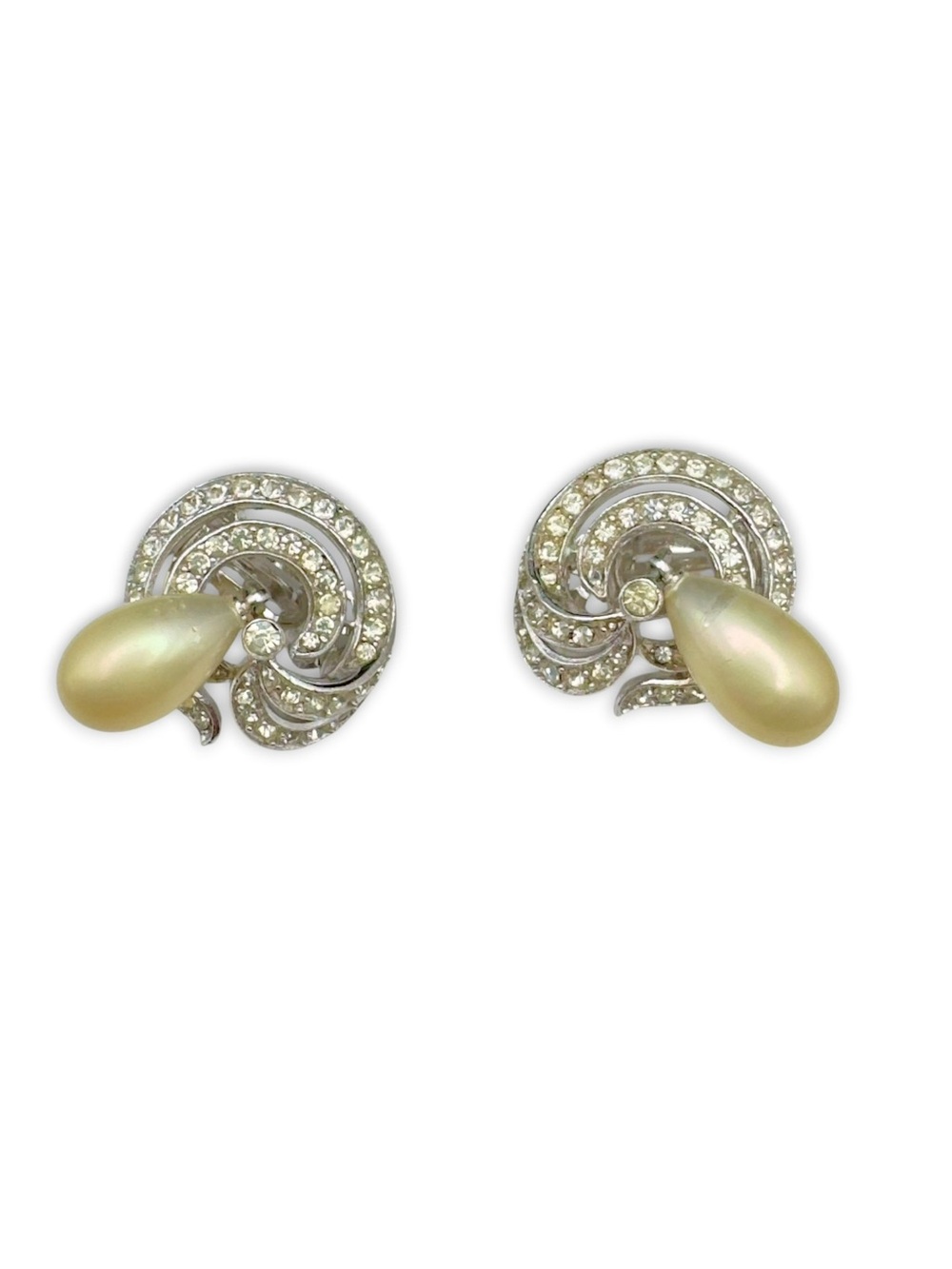 Vintage Crown Trifari Pave Crystal & Pearl Drop Clip On Earrings